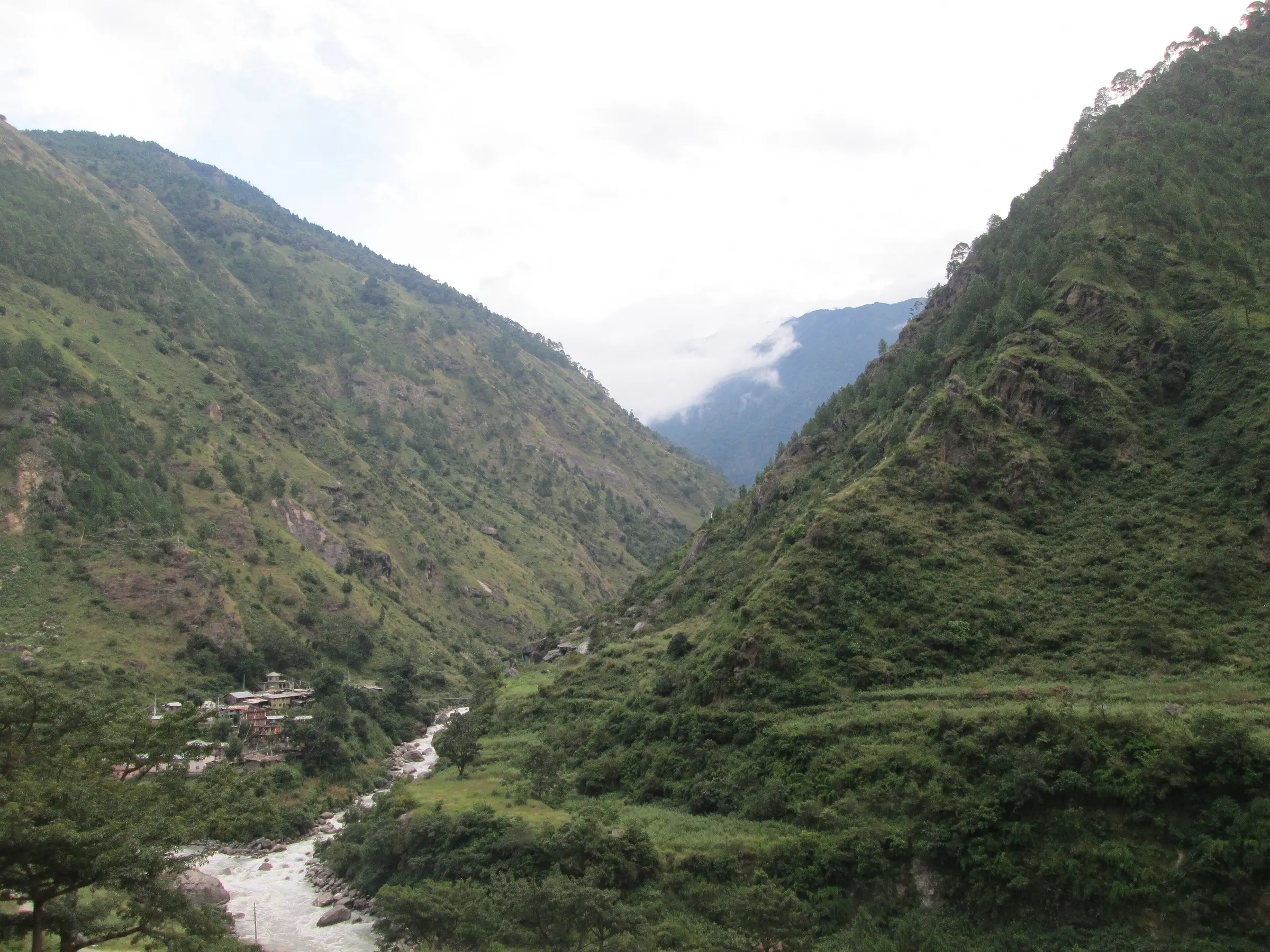 Syabrubesi village in the river valley, the start of the Tamang Heritage Trail and the Langtang trek