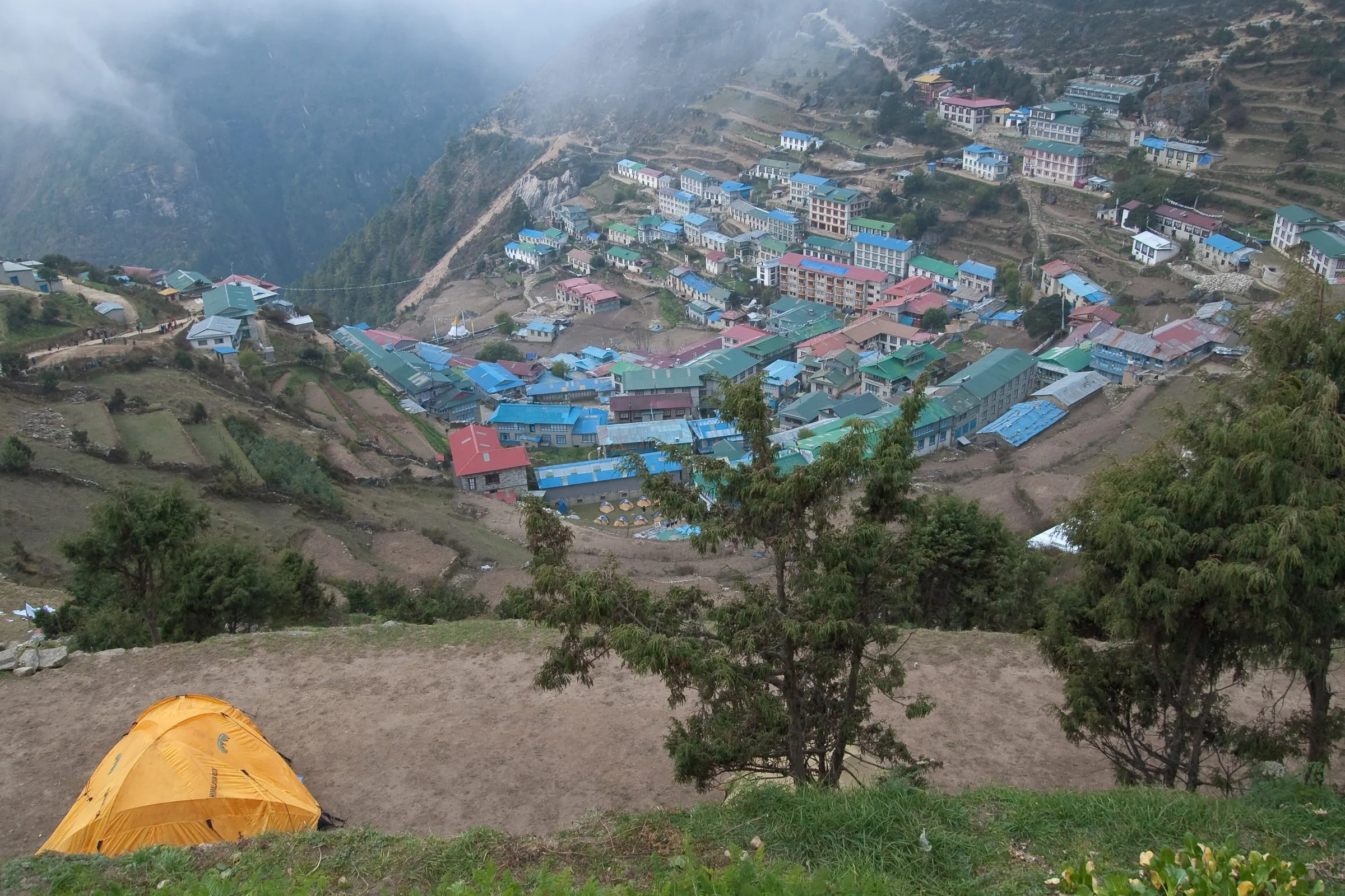 Namche Bazaar's houses on a hillside above the Dudh Koshi valley